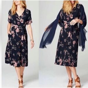 J. Jill Women Dolman Floral Navy button down tie waist short sleeve dress medium